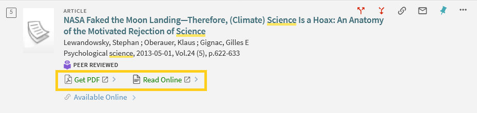 Screenshot example of search from Seymour Info. Text example reads, NASA Faked the Moon Landing-Therefore,(Climate) Science is a Hoax: An Anatomy of the Motivated Rejection of Science, Lewandowsky, Stephan ; Oberauer, Klaus; Gignac, Gilles E
Psychological science, 2013-05-01, Vol.24 (5), p.622-633