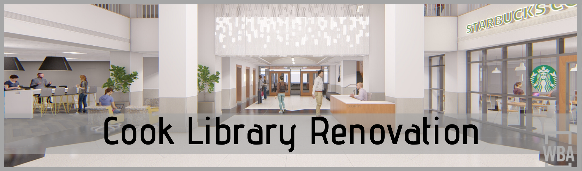 Image is a digital drawing of the lobby of Cook Library. The lobby has white floors and two large white columns on the left and the right. The ceiling is a light brown wooden ceiling. Next to the right column is a wooden desk with a white counter and a person behind the counter and one standing in front of the counter. On the far left side is a long high table with tall chairs and three people sitting and standing around the table. To the close right of that are two arm chairs with one person sitting. Inside the left column are three elevator doors with three people standing. Beyond the elevators are two sets of wood frame doors with glass. Across the bottom is the text Cook Library Renovation.