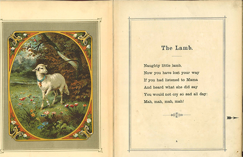 Image of page 3 from The Speaking Picture Book. The left page is of The Lamb, artist unknown but maybe Theodore Brand. The Lamb is white, and the artist painted the soft texture of his coat. The Lamb is walking through a green field, through wildflowers in shades of red, orange, yellow, and blue. The Lamb is looking to his left with his mouth slightly open. He is wearing a blue collar with a golden bell. The background is of a wildly growing oak tree, the leaves in various shades of green and red. The oval portrait is framed by a simple golden-yellow rectangular frame, the corners look like carved wood, almost like ram horns, but in the same golden-yellow color. The corners are orange with greenery and white flowers. The right page is text, the poem is titled ‘The Lamb’ and reads: Naughty little lamb, now you have lost your way; If you had listened to Mama and heard what she did say; You would not cry so sad all day: mah, mah, mah, mah! In the right margin, there is an arrow that points to a tassel that would be hanging off the right side of the book. When someone pulls the tassel, the instrument hidden inside makes a ‘mah’ sound, similar to a young lamb.  