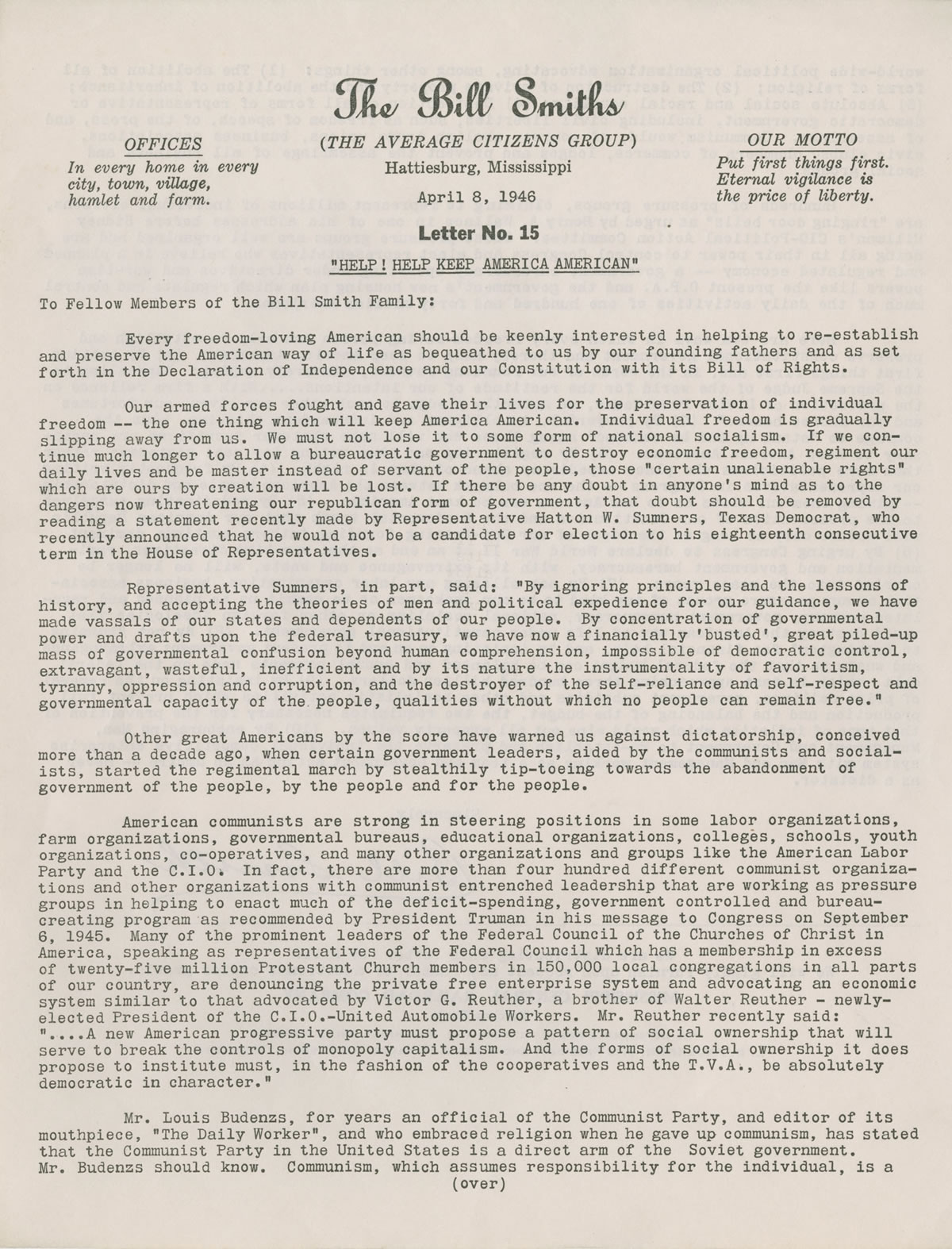 Bill Smith Letter 15 April 8 1946